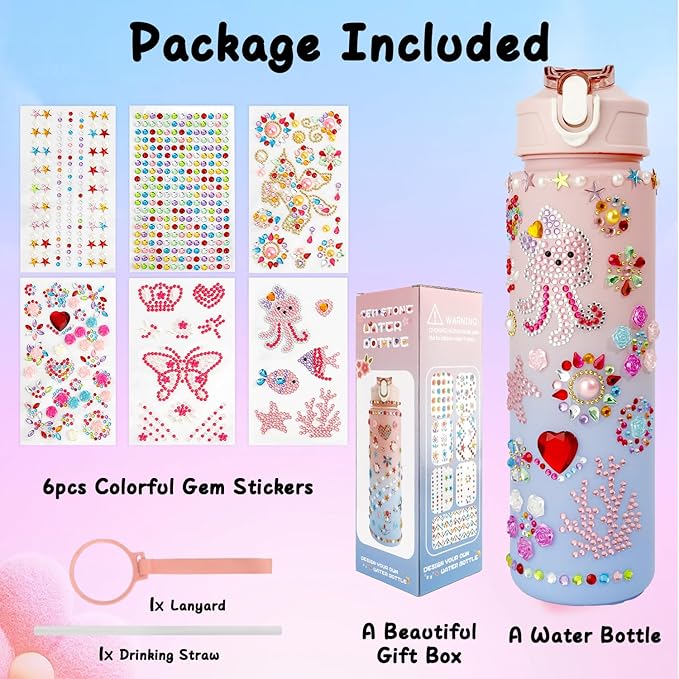 Valentines Day Gifts for Girls Decorate Your Own Water Bottle Kits for Girls 4-12 Girls Water Bottle Gem Stickers DIY Arts and Crafts Kits Supplies for Girls Birthday Easter Gifts for Girls Pink
