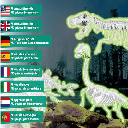Science4you Dino Excavation Set 4 in 1 - Fossils Excavation Set for Children from 6+, Glows in The Dark, Dinosaur Game and Dino Gift for Boys and Girls from 6 7 8 9+