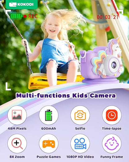 KOKODI Kids Camera Toy Digital Camera for Kids, Birthday Gifts for Girls Age 3-12, 1080P HD Video Camera for Toddler, Unicorn Children Toys for 3 4 5 6 7 8 9 Year Old Girls with 32GB SD Card (Purple)
