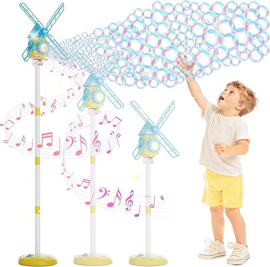 Windmill Bubble Machine for Kids, 51" Adjustable Height Bubble Maker with Light & Music, 130ml Tank, 10-Hole Battery Operated Bubble Blower for Toddlers, Backyard Outdoor Party Toys