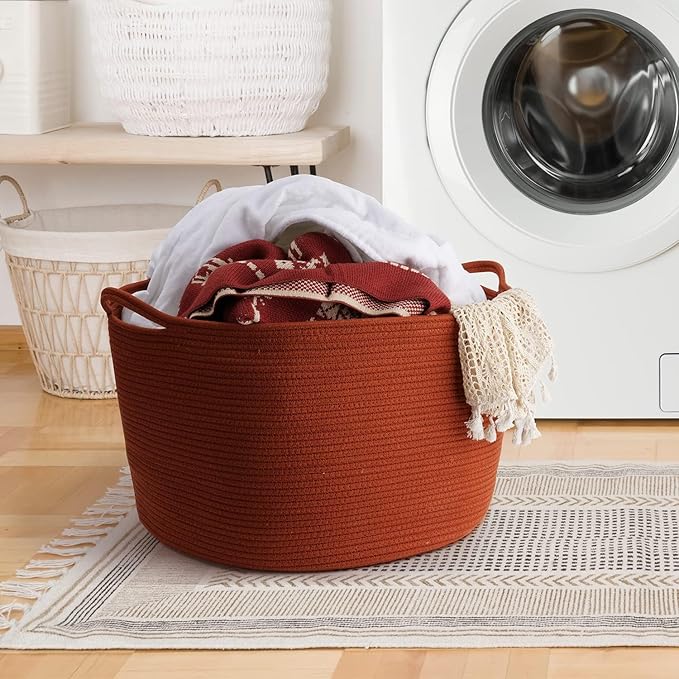 XXL Large Cotton Rope Basket - Maliton Large Storage for Blankets, Towels, Pillows - Round Toy Basket - Woven Laundry Hamper with Handles - 22" x 22" x 14" Nursery Hamper Bin, Burnt Orange