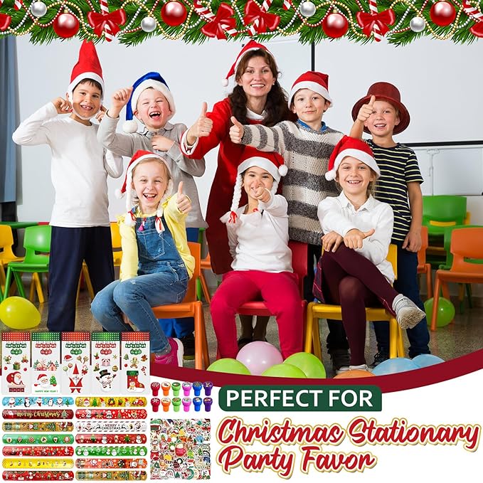 246 Pcs Christmas Party Supplies, Including Christmas Slap Bracelets Bulk Christmas Stamps Christmas Stickers for Christmas Party Favors Supplies Xmas Goodie Bags Stuffers Christmas Classroom Prize