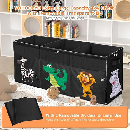 Extra Large Toy Box, Collapsible Sturdy Toy Storage Organizer with Lids, Dinosaur Storage Box for Boys Girls, 42"x16"x14" Kids Bin Chest Baskets for Living Room, Playroom, Bedroom, Nursery, Black