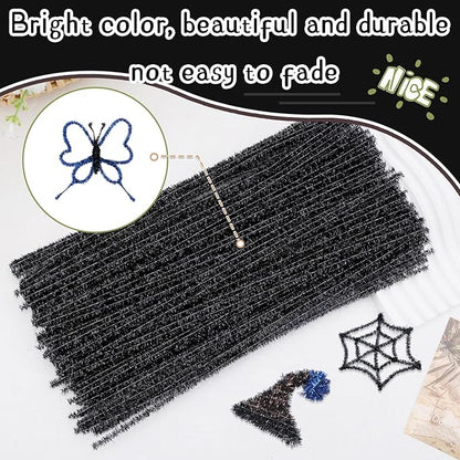 Hssugi Pipe Cleaners Black, 100PCS Christmas Pipe Cleaners Craft Supplies, Glitter Black Pipe Cleaners for Hair Fuzzy Sticks for DIY Art and Craft Projects Home Decoration