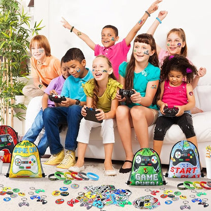Sadnyy 140 Pcs Video Game Party Favors Birthday Party Decorations Supplies Drawstring Bags with Silicone Bracelets Keychains Straws Button Pins Stickers for Classroom Rewards Goodie Bags Stuffers