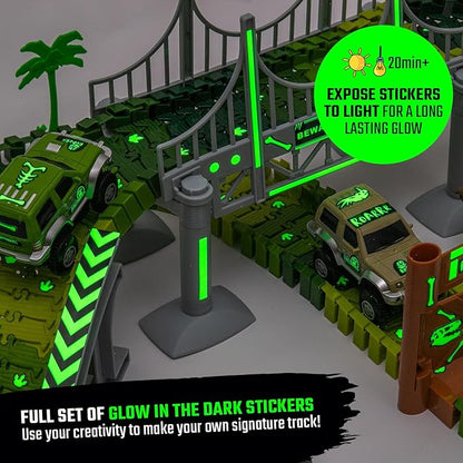 JITTERYGIT Dinosaur Jurassic Race Track Train Glow in The Dark World Toy Set, Kids Dino Racetrack Park Includes T-Rex & Triceratops Playset - Best Birthday Gift for Boys & Girls 3 4 5 6 7 8 Year Old