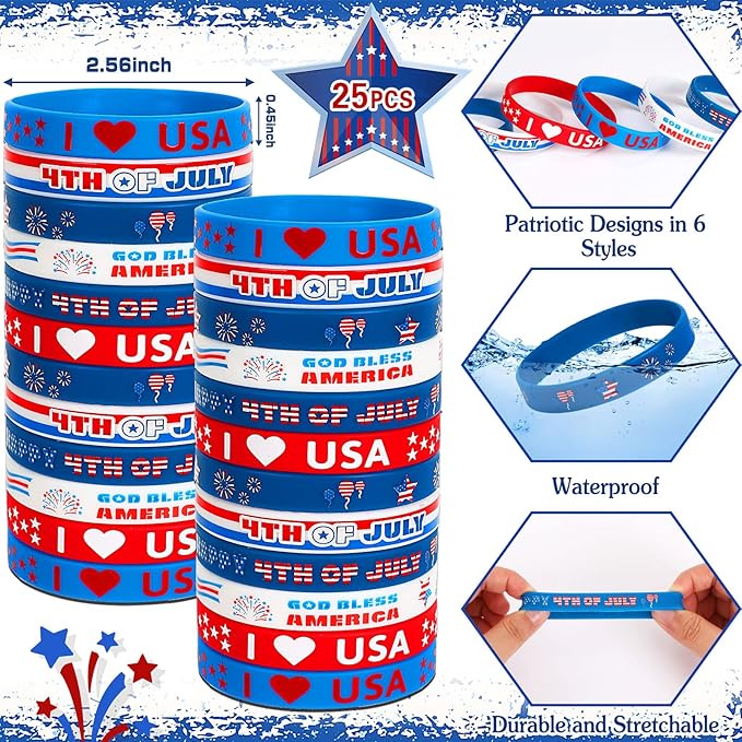 JUNEBRUSHS 4th of July Party Favors, 50 Pcs Patriotic Decorations Slap Bracelets Rubber Wristbands Assorted for Kids Gifts Silicone Bracelets Bulk Memorial Veterans Day Party Accessories