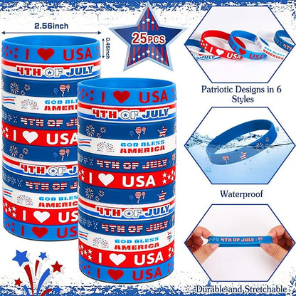 JUNEBRUSHS 4th of July Party Favors, 50 Pcs Patriotic Decorations Slap Bracelets Rubber Wristbands Assorted for Kids Gifts Silicone Bracelets Bulk Memorial Veterans Day Party Accessories