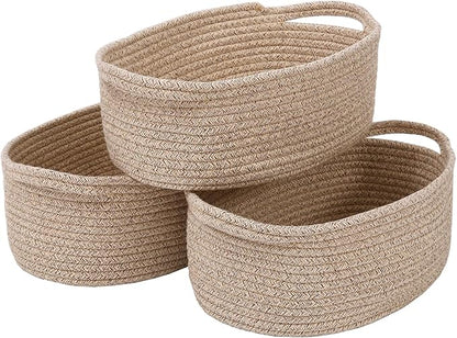 JMvicyroam Woven Basket,Small Rope Storage Bin with Handles & Ribbon Bag, Organizer for Shelves Closets,Gift Basket Empty for Birthday,Books,Dog Toys,Oatmeal/3 Pack