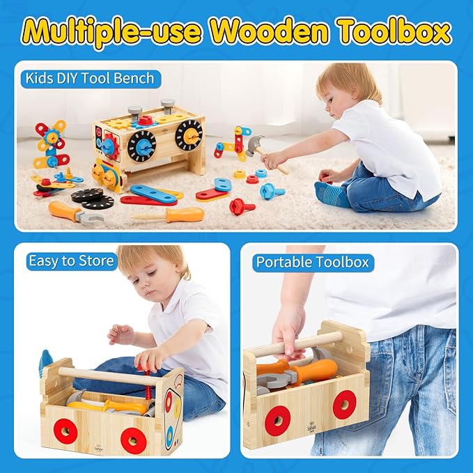 Montessori Kids Tool Set, Wooden Toddler Tool Bench Educational Toys for Ages 2-4, 2 Year Old Boy Gift for Birthday Christmas, STEM Pretend Play Tool Box, Learning Developmental Construction Toys