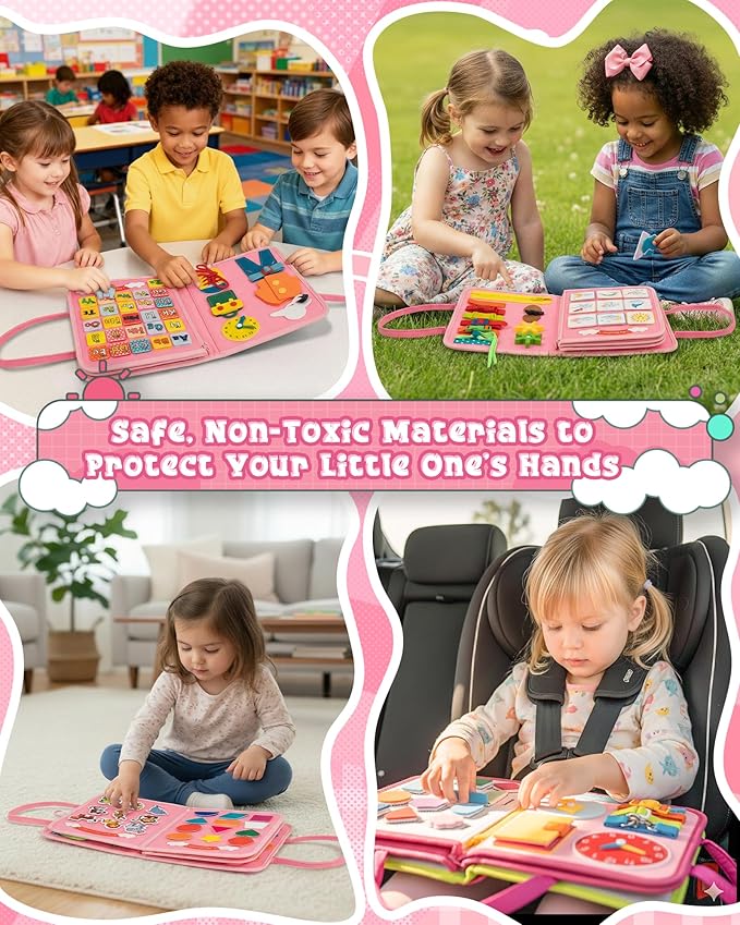Busy Board for 1 Year Old, Busy Book for Toddlers 1-3, 2 Year Old Girl Toys, Montessori Toys for 1 Year Old, Educational Sensory Activities, Learning Fine Motor Skills Travel Toy for Girls(Pink)