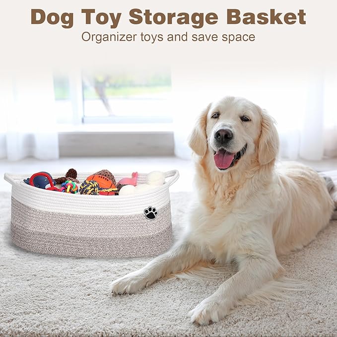 Optish Dog Toy Basket, Toy Box and Bin for Dog Cat Storage, 19.7" X 11" X 7.9" (30L) Large Woven Rope Basket for Blanket Storage, Living Room, Bedroom, White & Brown