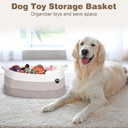 Optish Dog Toy Basket, Toy Box and Bin for Dog Cat Storage, 19.7" X 11" X 7.9" (30L) Large Woven Rope Basket for Blanket Storage, Living Room, Bedroom, White & Brown