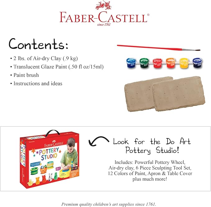 Faber-Castell Pottery Studio Refill Kit - 2 lbs. of Natural Air-Dry Pottery Clay, 6 Paint Pots and Paintbrush, Clay Making Kit for Kids