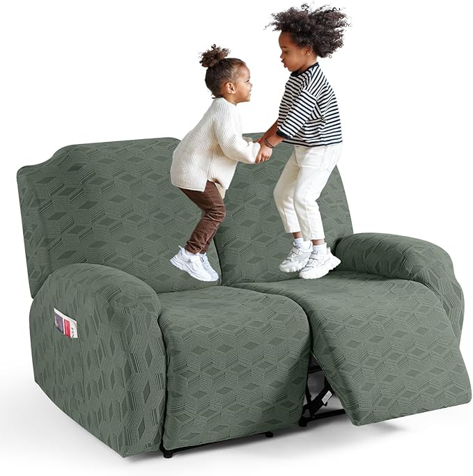 TAOCOCO Recliner Loveseat Cover, Stretch Jacquard Reclining Loveseat Cover Furniture Protector Sofa Slipcovers 2 Seat Recliner Covers with Elastic Bottom for Kids, Pets (Grey Green)