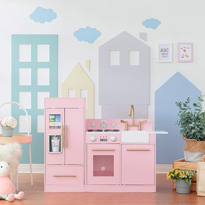 Teamson Kids Little Chef Charlotte 2-Piece Modular Wooden Play Kitchen with Icemaker and Ample Storage, Pink with Gold Hardware