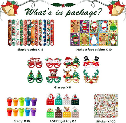 148 Pcs Christmas Party Favors, Glitter Glasses, Pop Fidget Toys Keychain, Make a Face Sticker, Assorted Stamps Self-Ink Stamper, Slap Bracelet, Christmas Sticker, Christmas Toy Gift for Kid