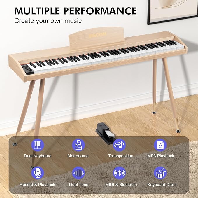 UISCOM Digital Piano Keyboard for Beginners, Full Size 88 Key Semi-Weighted Keyboard Electric Piano with Stand,Power Adapter,Sheet Music Stand,Pedal,Headphone,USB-MIDI Compatible,Wood Grain Apricot