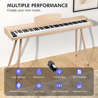 UISCOM Digital Piano Keyboard for Beginners, Full Size 88 Key Semi-Weighted Keyboard Electric Piano with Stand,Power Adapter,Sheet Music Stand,Pedal,Headphone,USB-MIDI Compatible,Wood Grain Apricot