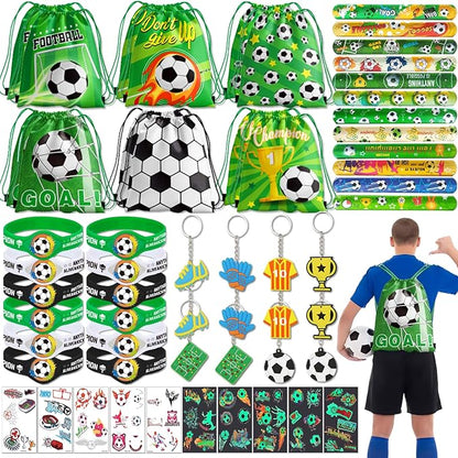 58Pcs Soccer Party Favors: Soccer Goodie Bags for boys Includes 12Pcs 13 x 11 Inch Soccer Drawstring Bags Slap Silicone Bracelet Keychain Tattoo Stickers for Soccer Party Decorations Supplies