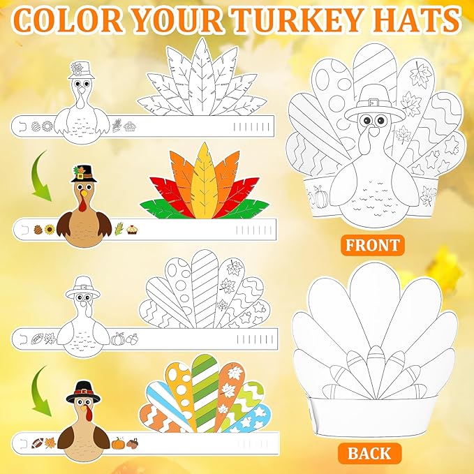 Color Your Own Turkey Crowns,24Pcs Thanksgiving Turkey Coloring Crowns Paper Turkey Hats Thanksgiving Crafts for Kids Family Classroom School and Holiday Craft Activity