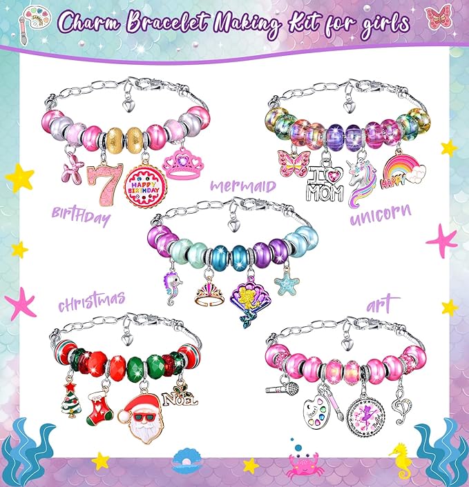 Girls Charm Bracelet Making Kit: Mermaid Jewelry Supplies Make Set Charm Bracelets Kits DIY Art Craft Set Girl Toys Age 5 6 7 8 9 10 11 12 Year Old Girl Little Children Creative Birthday Gifts for Kid