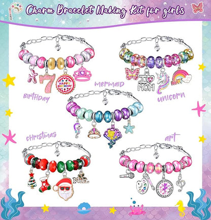 Girls Charm Bracelet Making Kit: Mermaid Jewelry Supplies Make Set Charm Bracelets Kits DIY Art Craft Set Girl Toys Age 5 6 7 8 9 10 11 12 Year Old Girl Little Children Creative Birthday Gifts for Kid