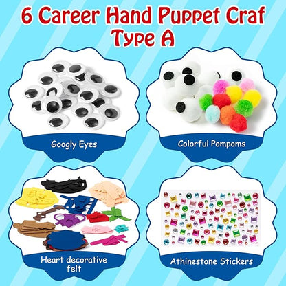 WATINC 6Pcs Hand Puppet Making Kit, Art Craft Felt Sock Puppet Toys, Creative DIY Make Your Own Pompoms Wiggle Googly Eyes Storytelling Role Play Party Supplies Gift for Girls Boys (Career A)