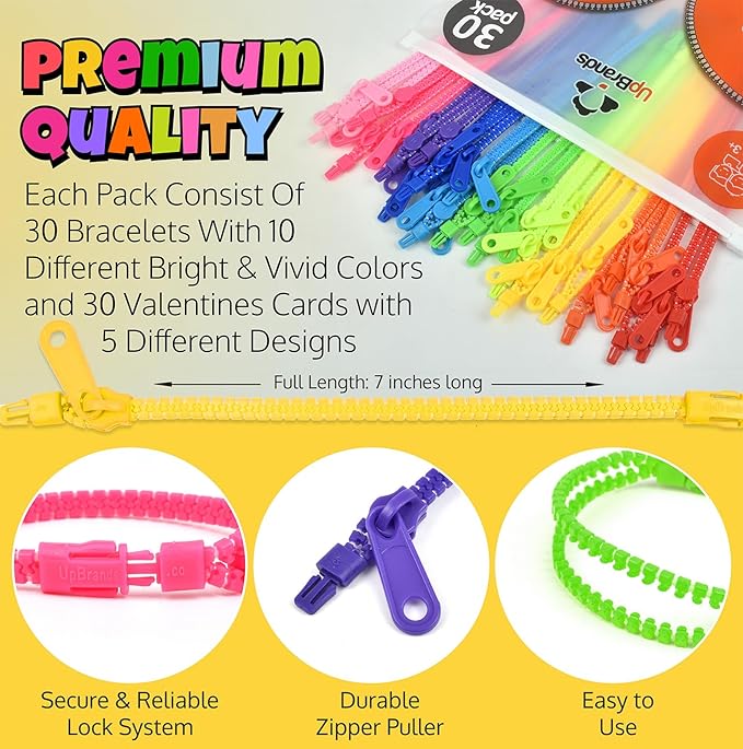 UpBrands Case Pack of 60 Boxes x 30 Valentine's Day Cards with Unicolor Fidget Zipper Bracelets Per Box – Bulk Gifts for Schools, Charities, and Businesses