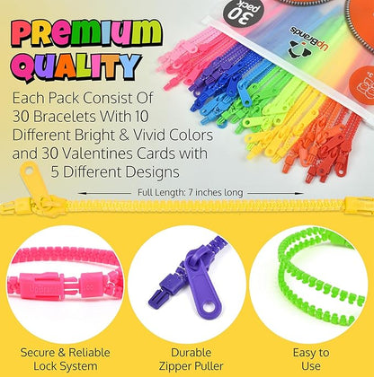 UpBrands Case Pack of 60 Boxes x 30 Valentine's Day Cards with Unicolor Fidget Zipper Bracelets Per Box – Bulk Gifts for Schools, Charities, and Businesses