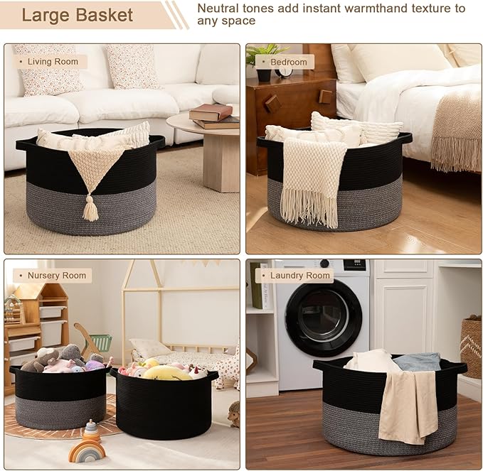 OIAHOMY 115L Extra Large Blanket Basket, 23.6" x 15.4" Woven Cotton Rope Laundry Basket for Organizing Pillows, Decorative Stuffed Animal Toy Storage Bin for Nursery, Black and Grey