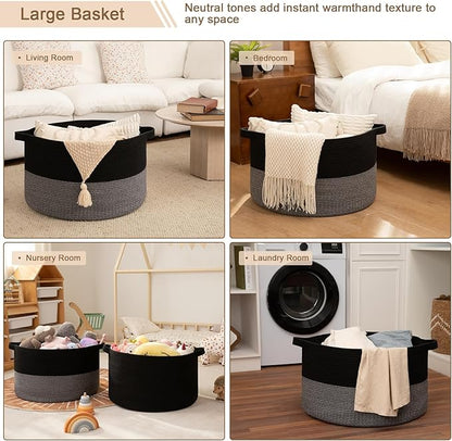 OIAHOMY 115L Extra Large Blanket Basket, 23.6" x 15.4" Woven Cotton Rope Laundry Basket for Organizing Pillows, Decorative Stuffed Animal Toy Storage Bin for Nursery, Black and Grey