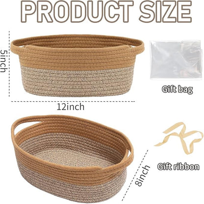 JMvicyroam Woven Basket,Small Rope Storage Bin with Handles & Ribbon Bag, Organizer for Shelves Closets,Gift Basket Empty for Birthday,Books,Dog Toys, Jute&Brown