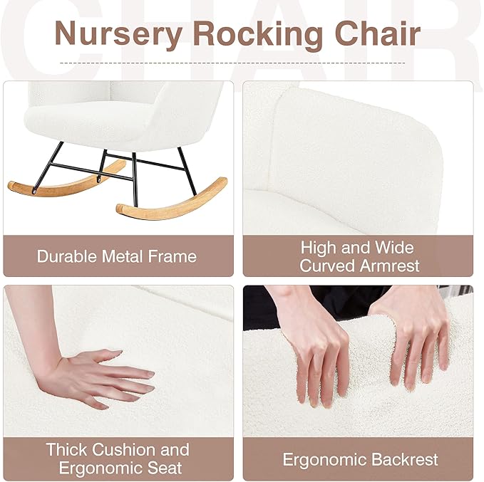 VECELO Rocking Chair, Modern Upholstered Teddy Fabric Nursery Glider with Padded Seat, High Backrest, Armchair and Pocket for Living Room Bedroom Balcony Offices