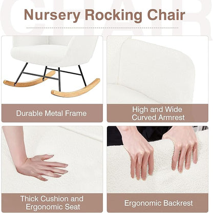 VECELO Rocking Chair, Modern Upholstered Teddy Fabric Nursery Glider with Padded Seat, High Backrest, Armchair and Pocket for Living Room Bedroom Balcony Offices