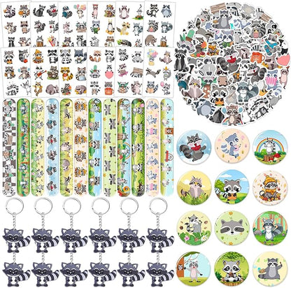 98 PCS Raccoon Party Favors, Raccoon Temporary Tattoos Slap Bracelets Keychains Stickers Badges for Woodland Raccoon Birthday Party Decorations Supplies Gifts for Kids Boys Girls Classroom Rewards
