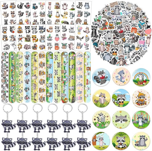 98 PCS Raccoon Party Favors, Raccoon Temporary Tattoos Slap Bracelets Keychains Stickers Badges for Woodland Raccoon Birthday Party Decorations Supplies Gifts for Kids Boys Girls Classroom Rewards