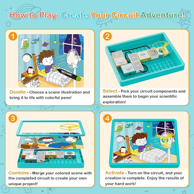 Electronics Exploration Kit, STEM Modularization Circuit Blocks Board with 20 DIY Coloring Scenes, 12 Modules, Full-Color Project Manual, Educational Toy for Kids 8+ (Light Green)