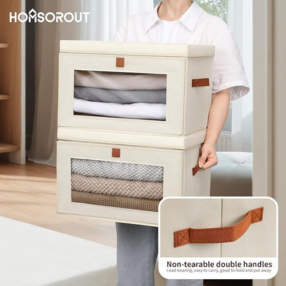 Homsorout Large Closet Storage Organizer - Clothes Storage Bins with Handles & Window, Collapsible Decorative Boxes with Lids, Fabric Containers for Living Room, Dorm, 2 Pack, Beige