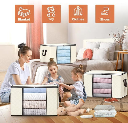 90 L Large Storage Bags, 4 Pack Clothes Storage Bins Foldable Closet Organizers Storage Containers with Reinforced Handle for Clothing, Blanket, Comforters, Bed Sheets, Pillows and Toys (Beige)