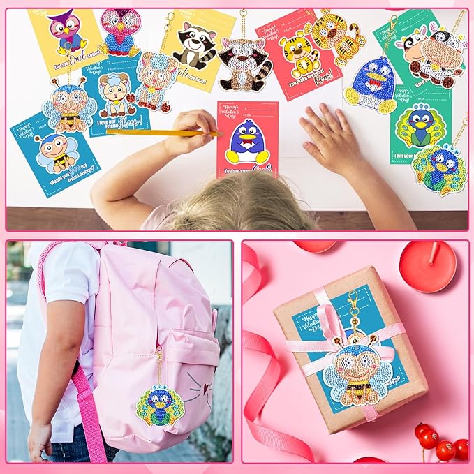 MOVINPE Bulk Valentines Day Craft Gifts for Kids Classroom Bulk, 24 Pack 5D Diamond Art Painting Keychains with Greeting Cards, School Prizes, Exchange Gift, Party Favors for Toddlers