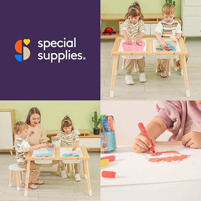 Special Supplies Kid’s Sensory Table Set with Deep Water and Sand Bins, Writable Lids, Chalk and Dry Erase Markers for Active, Hands-On Learning, Fun Play, Arts and Crafts - Pine Wood