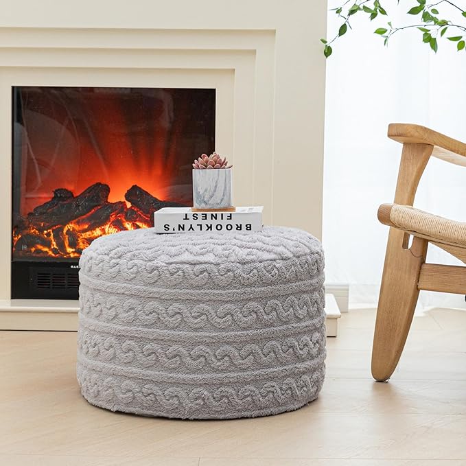 Asuprui Round Pouf Ottoman Stuffed Floor Pouf Foot Stool Floor Chair for Living Room Bedroom Foam Filled Boho Poof Foot Rest for Couch 20 Diameter x 12 Height Inches Light Gray Pouf with Filler