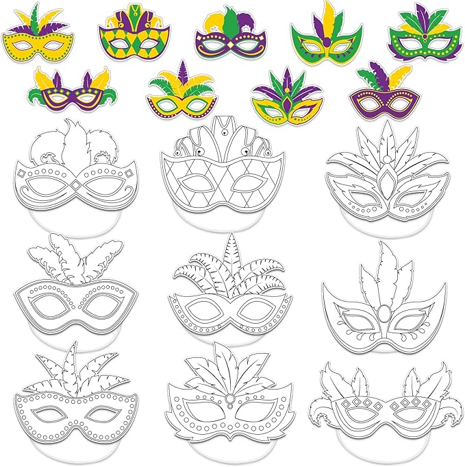 Lonfliness 36 Set Carnival Coloring Mask Mardi Gras Paper Art Craft Kid Color Your Own Style Blank DIY Mask Masquerade Birthday Party Dress-Up Decorations Favor School Classroom Activity Game Supplies