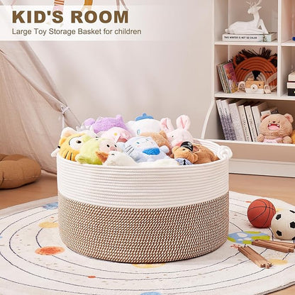OIASKET Large Blanket Storage Basket for Living Room, 22.8" x 22.8" x 13" Woven Cotton Rope Basket with Handles, Baby Toy Storage, Laundry Hamper for Clothes, Pillows, Towels-Yellow and White