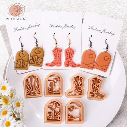 Puocaon Western Polymer Clay Cutters - 9 Pcs Clay Cutters for Earrings Making, Cowboy Hat Boot Clay Cutters Set, Rising Sun Clay Jewelry Cutters, Desert Scene Polymer Clay Cutters for Jewelry Making