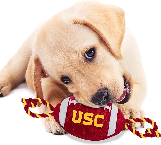 Pets First USC Football Dog Toy, Tough Quality Nylon Materials, Strong Pull Ropes, Inner Squeaker, Collegiate Team Color