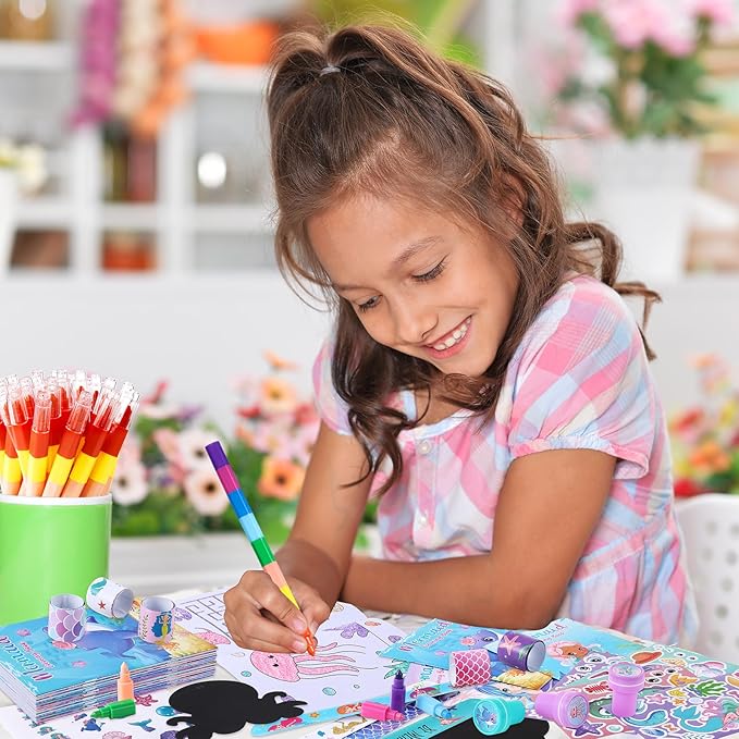 BenLouis 192Pcs Mermaid Party Favors Little Mermaid Coloring Books Crayon Stickers Set Bulk for Kids Mermaid Birthday Decor Baby Shower Candy Goodie Bag Stuffer Classroom Rewards Pinata Supplies