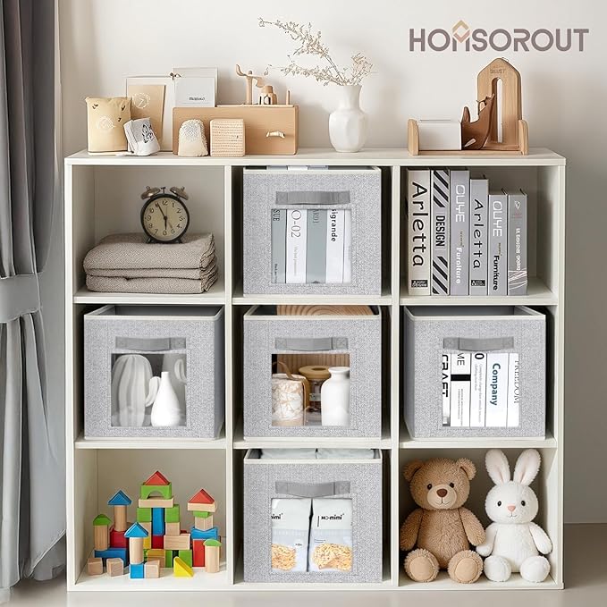 Homsorout Foldable Storage Cubes - Cubby Storage Organizer with Window, Decorative Fabric Bins for Clothes Storage, Closet Organizers for Shelves, 11inch, Set of 8, Light Grey