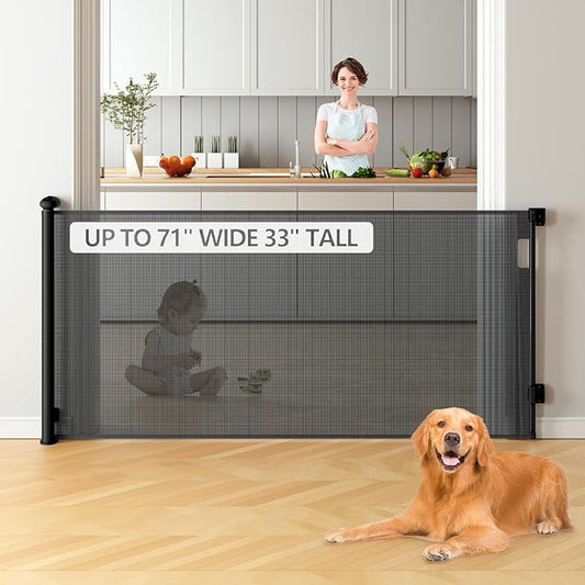 Bulubaky Extra Tall Safety Retractable Baby Gate Adjustable Wide Retractable Dog Gate Mesh Baby Gate Child Gate for Doorway, Hallway, Stair Gates for Kids or Pets (Black, 33" Tall x 71")